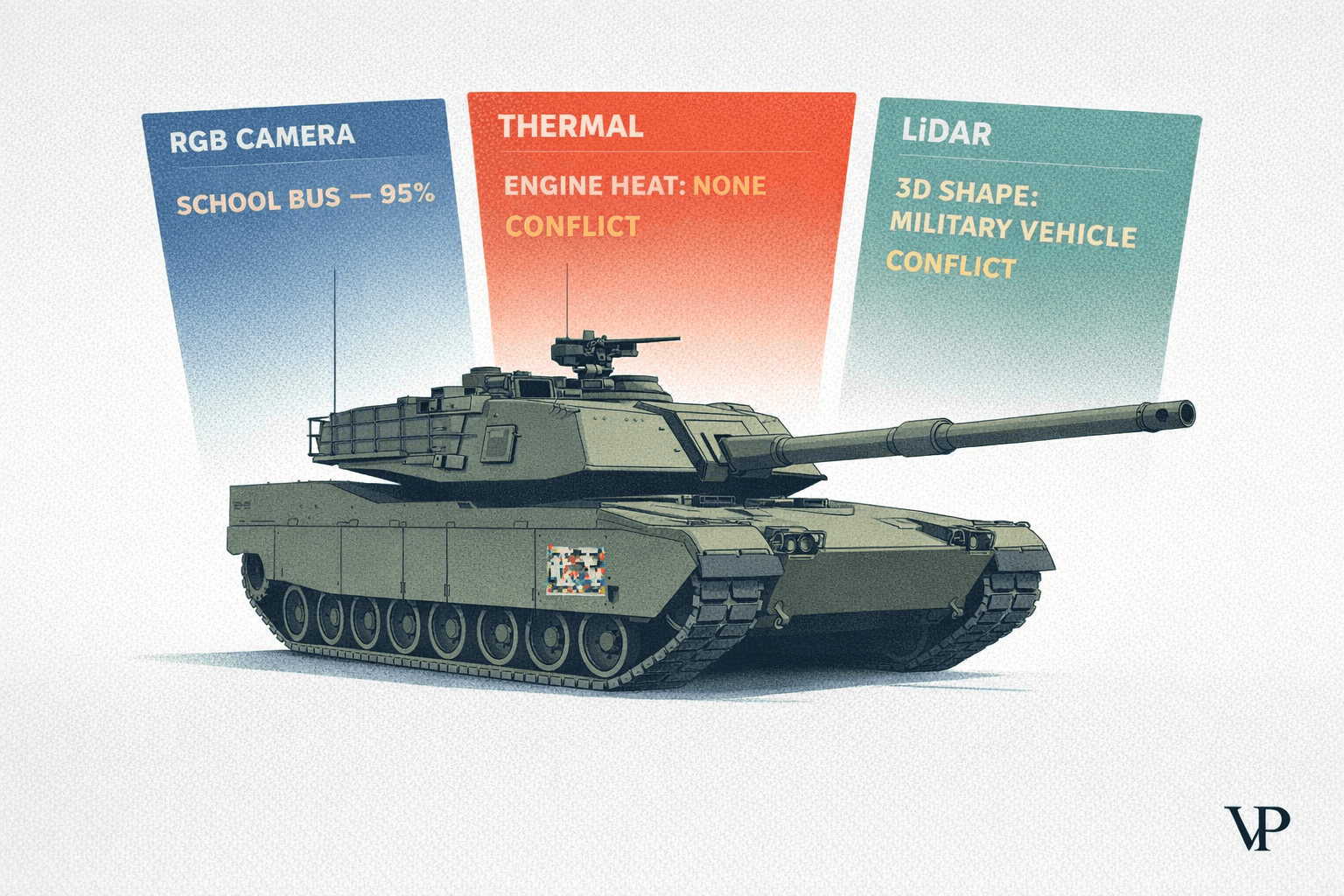 A striking visual showing the core concept of the article — a confident AI misidentification being challenged by multiple sensor modalities.