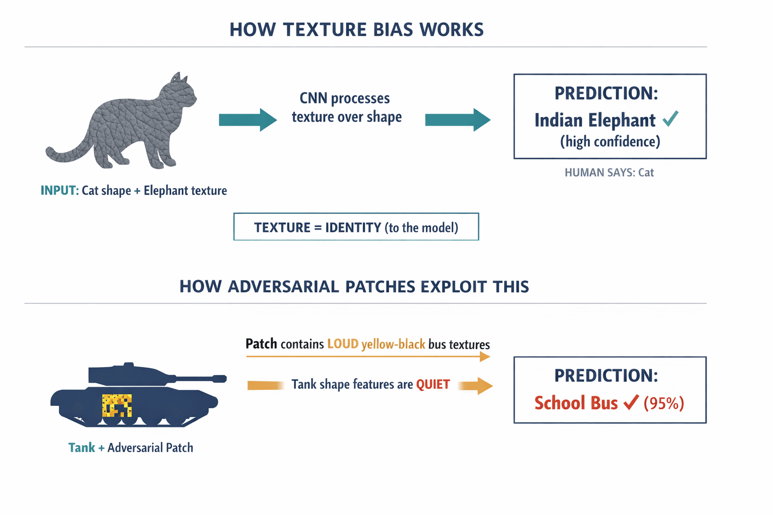 A diagram explaining texture bias — how CNNs prioritize surface texture over geometric shape, and how adversarial patches exploit this by injecting loud texture signals that overwhelm quiet shape signals.