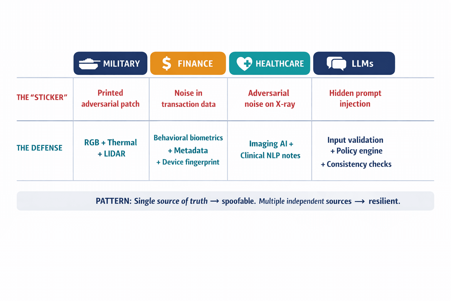 A comparison diagram showing how the same single-source-of-truth vulnerability and multi-modal defense pattern applies across four domains: military, finance, healthcare, and LLMs.