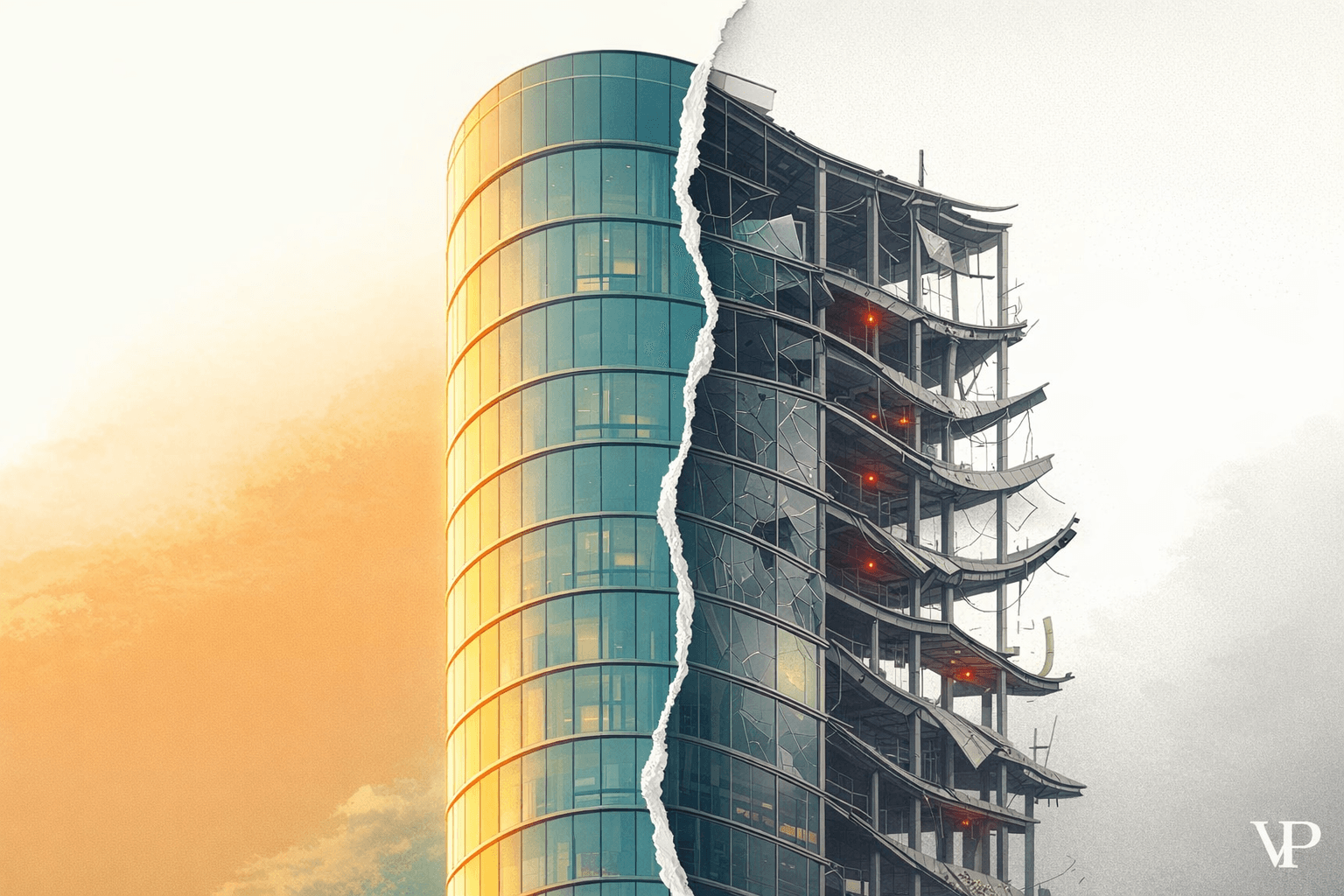 A split visual showing a gorgeous AI-generated building rendering dissolving into an exposed structural failure, representing the gap between visual plausibility and engineering reality.