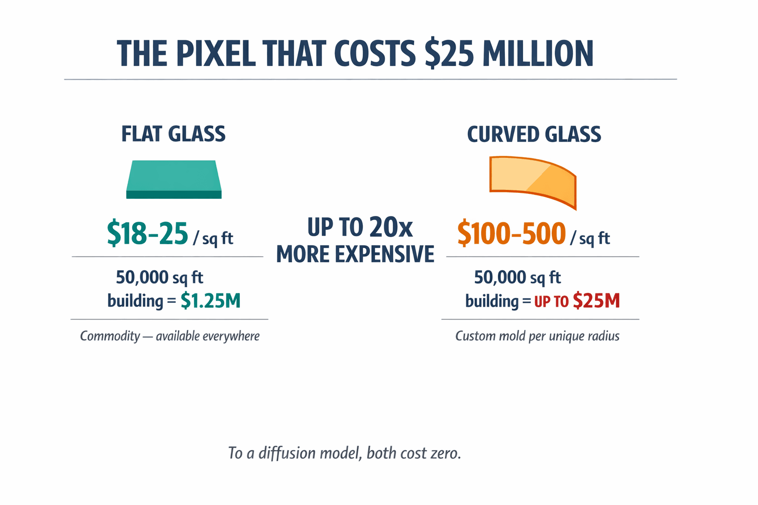 An infographic comparing the cost of flat vs. curved glass at building scale, showing how a zero-cost difference in AI pixel-space becomes a $23.75 million difference in physical space.