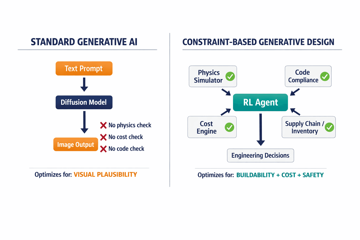 A side-by-side comparison diagram showing how standard generative AI (text → image, no constraints) differs from constraint-based generative design (RL agent bounded by physics, cost, code, and supply chain).