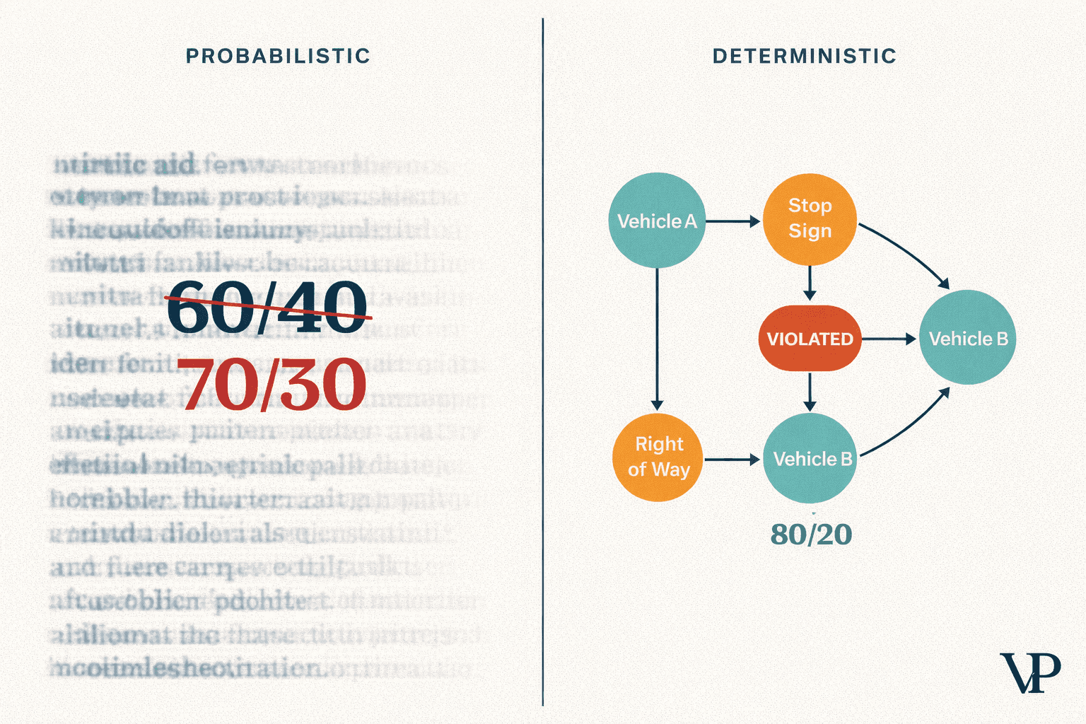 A visual contrast between a probabilistic text output and a structured knowledge graph, representing the article's core thesis that justice requires deterministic graph reasoning, not language model guessing.