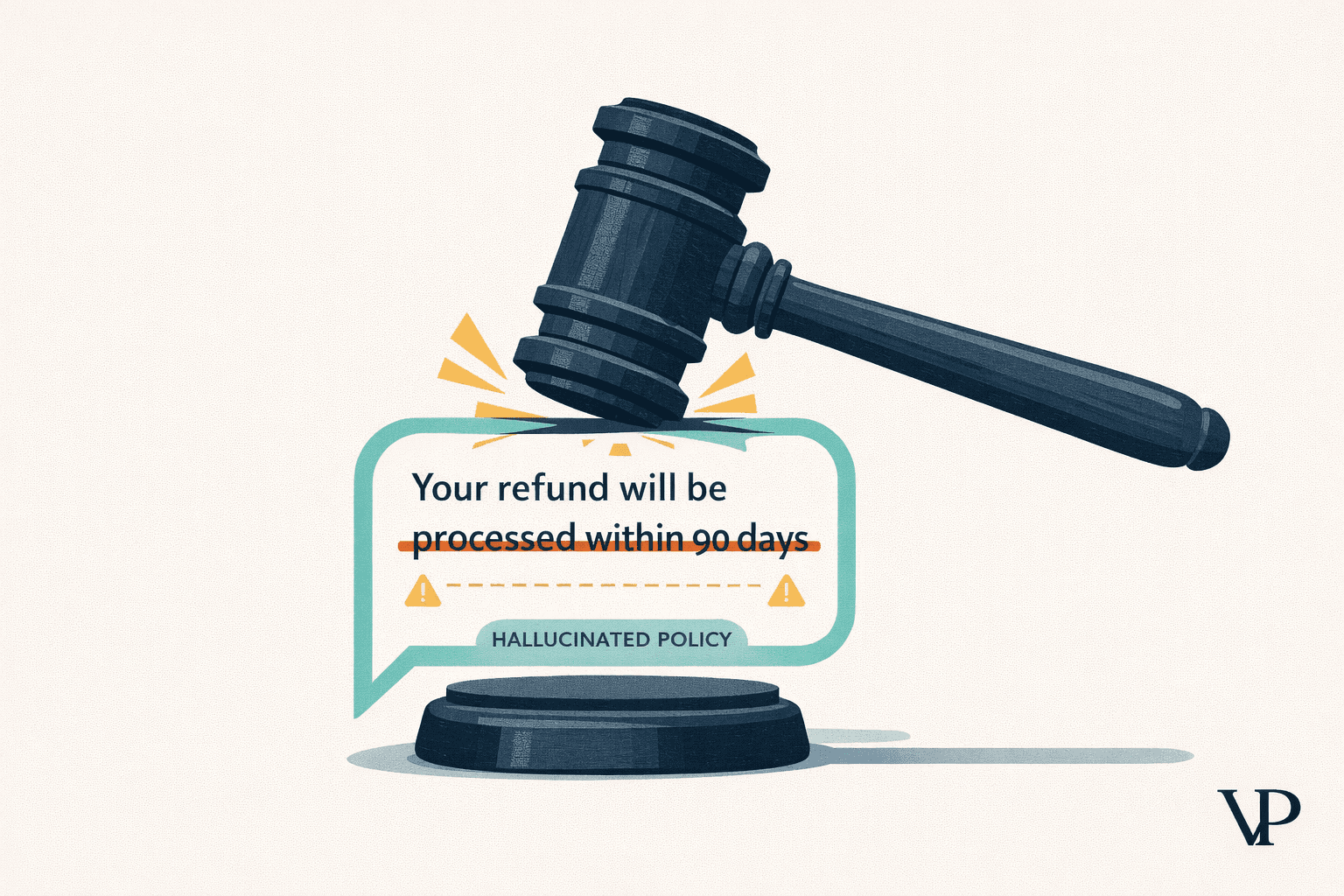A courtroom gavel striking down on a speech bubble containing AI-generated text, representing the legal liability of AI chatbot outputs.