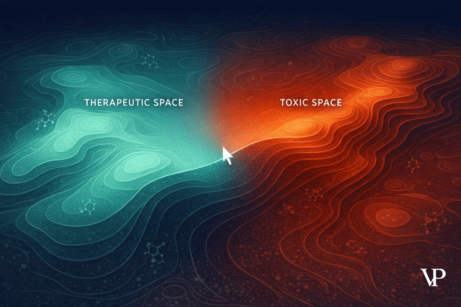 A striking visual representing the dual-use nature of molecular AI — the same system navigating between therapeutic and toxic molecular space.