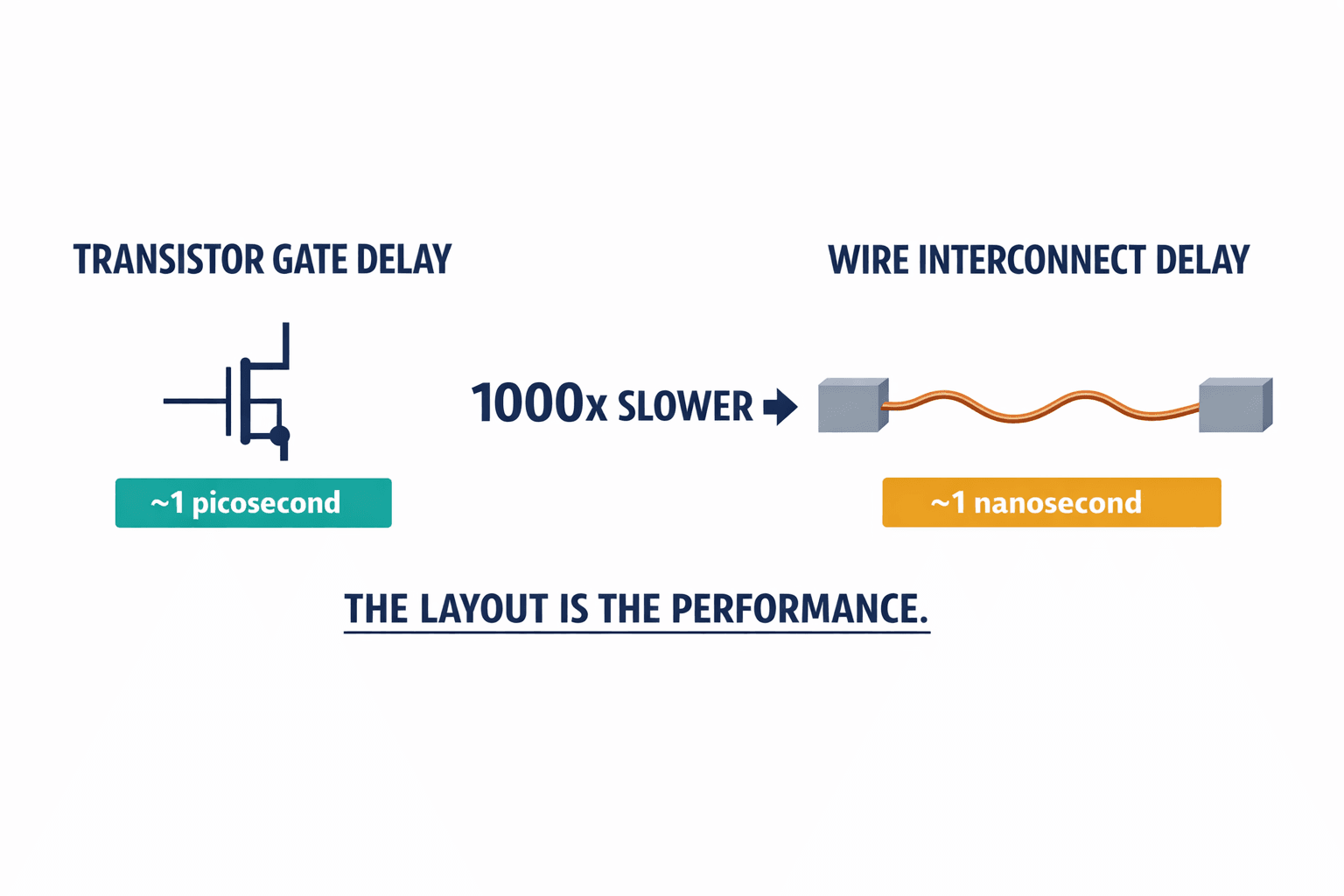 A diagram showing that in modern chips, wire delay now dominates over transistor switching delay, making physical layout the primary performance bottleneck.