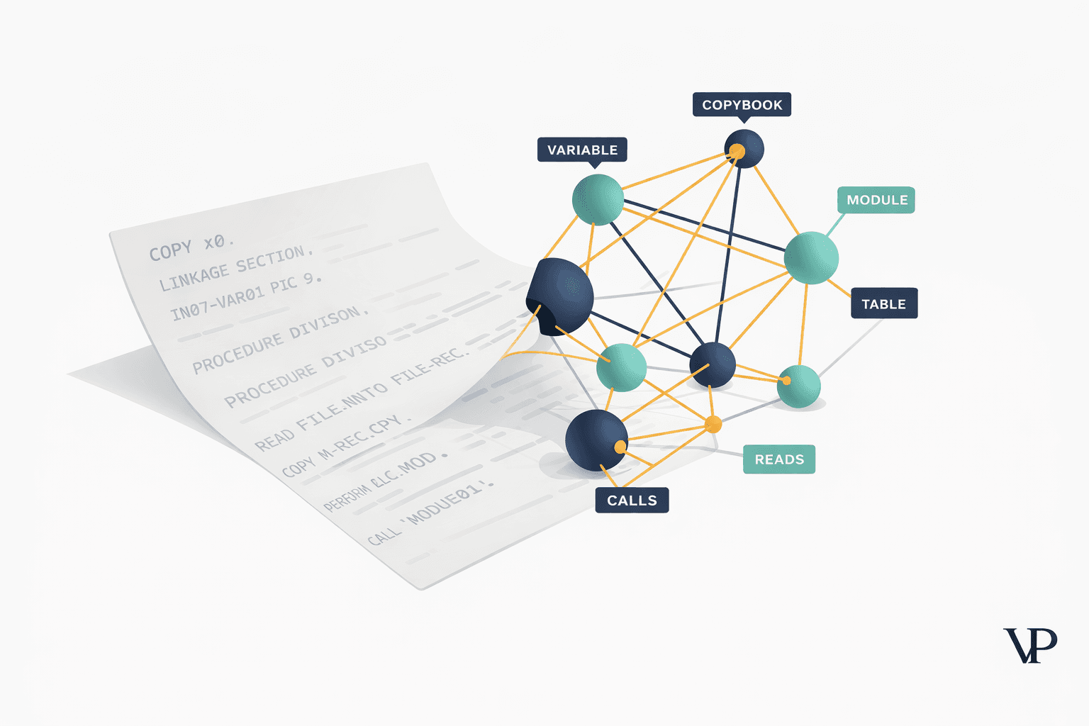 A visual metaphor contrasting a flat text document with a rich interconnected graph structure emerging from legacy code, specific to the COBOL-to-Java migration domain.