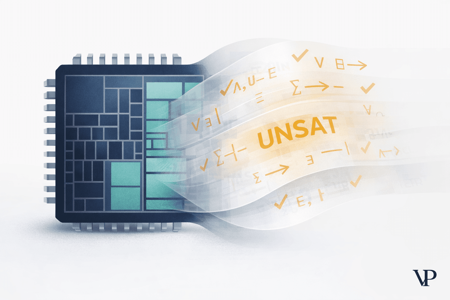 A visual metaphor contrasting a silicon chip with mathematical proof notation, specific to the semiconductor verification domain.