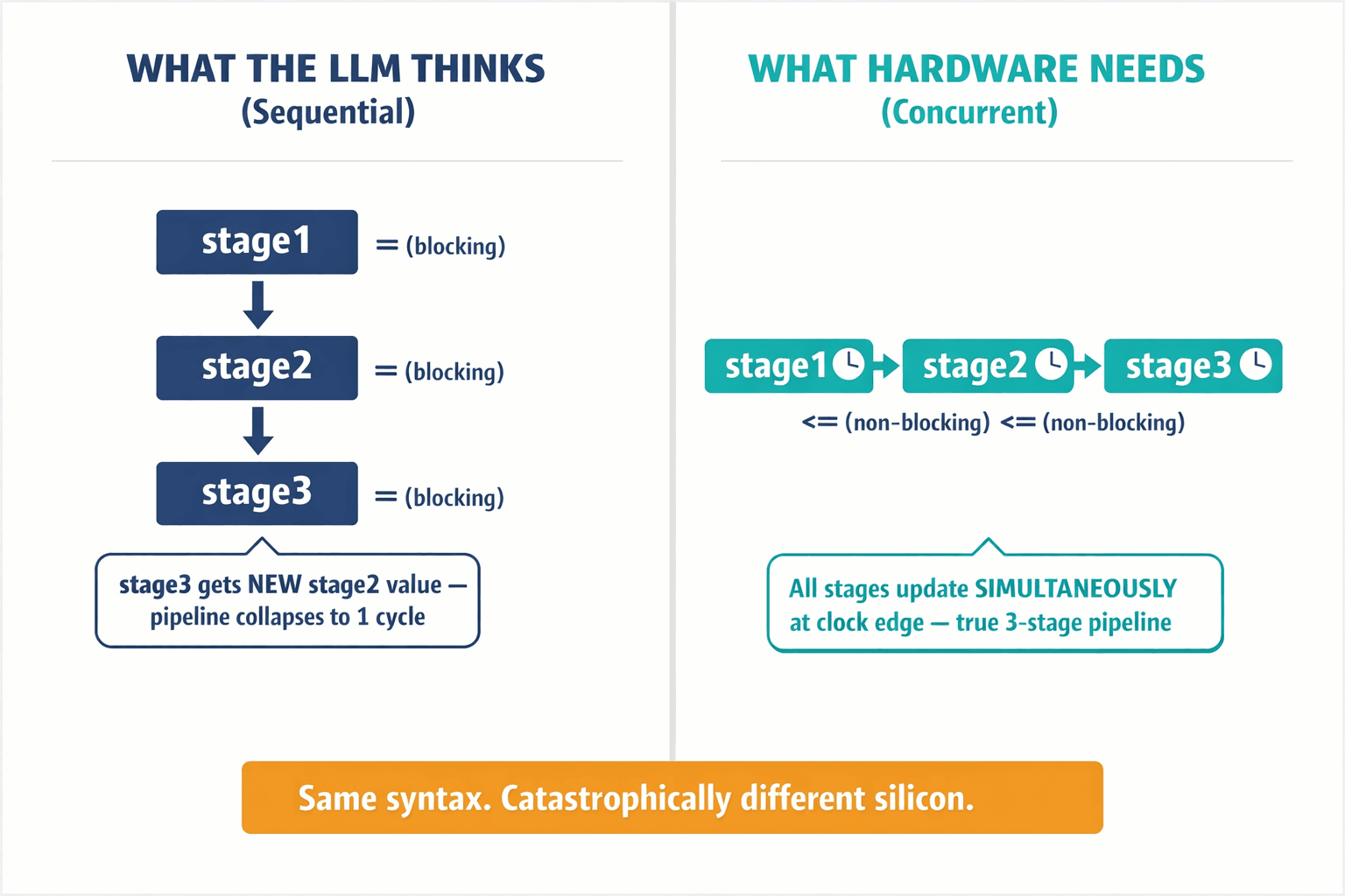 Side-by-side comparison showing how an LLM's sequential bias causes it to misinterpret concurrent hardware execution, using the blocking vs non-blocking assignment example from the article.