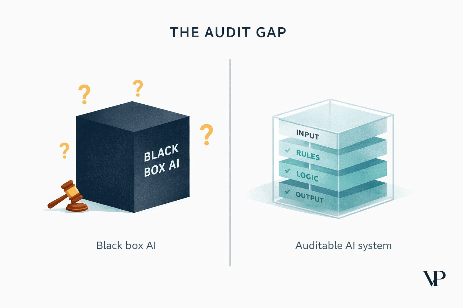 A visual metaphor contrasting a transparent, auditable AI system against an opaque black-box system, set in the context of hiring/employment decisions, specific to the article's domain of AI regulation and compliance.