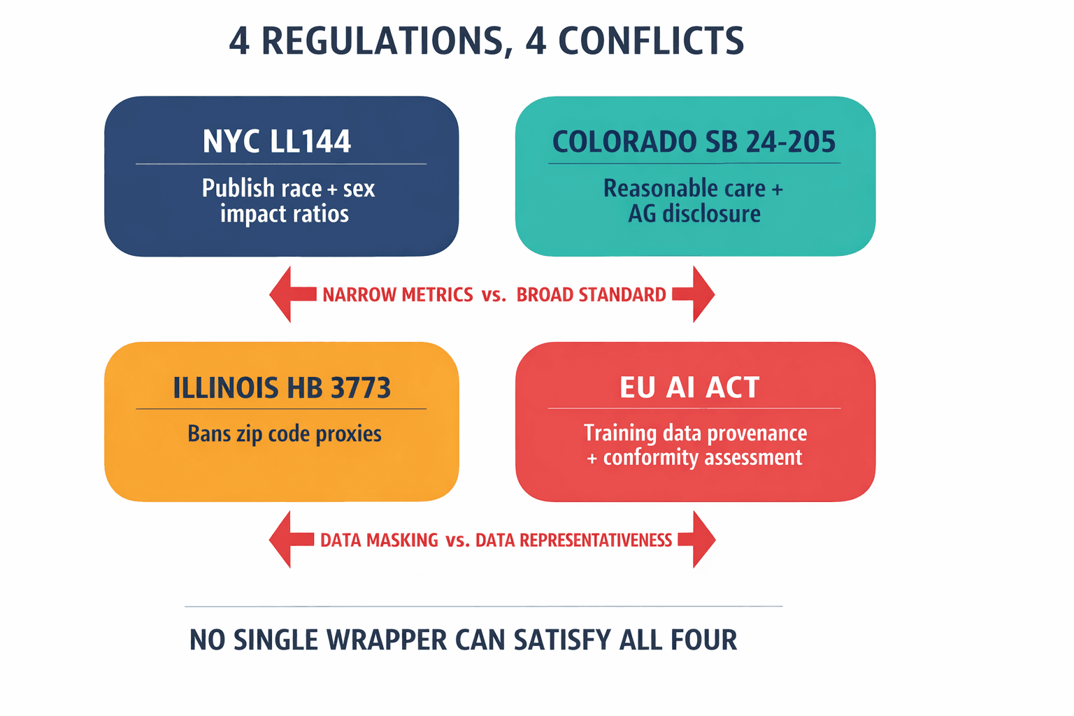 A diagram showing the four overlapping AI regulations and their conflicting architectural requirements, illustrating why a single compliance approach cannot satisfy all of them simultaneously.