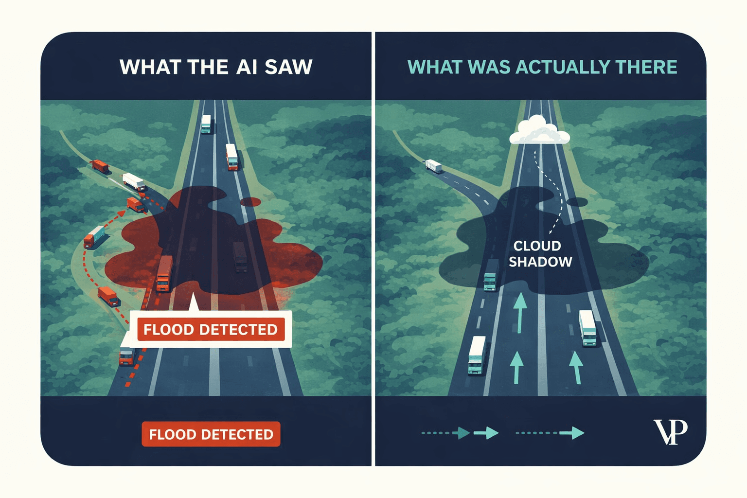 A striking split-view of a satellite image showing a dark shape on a road — one side labeled as a cloud shadow (correct), the other labeled as a flood (incorrect AI classification) — capturing the article's core problem.