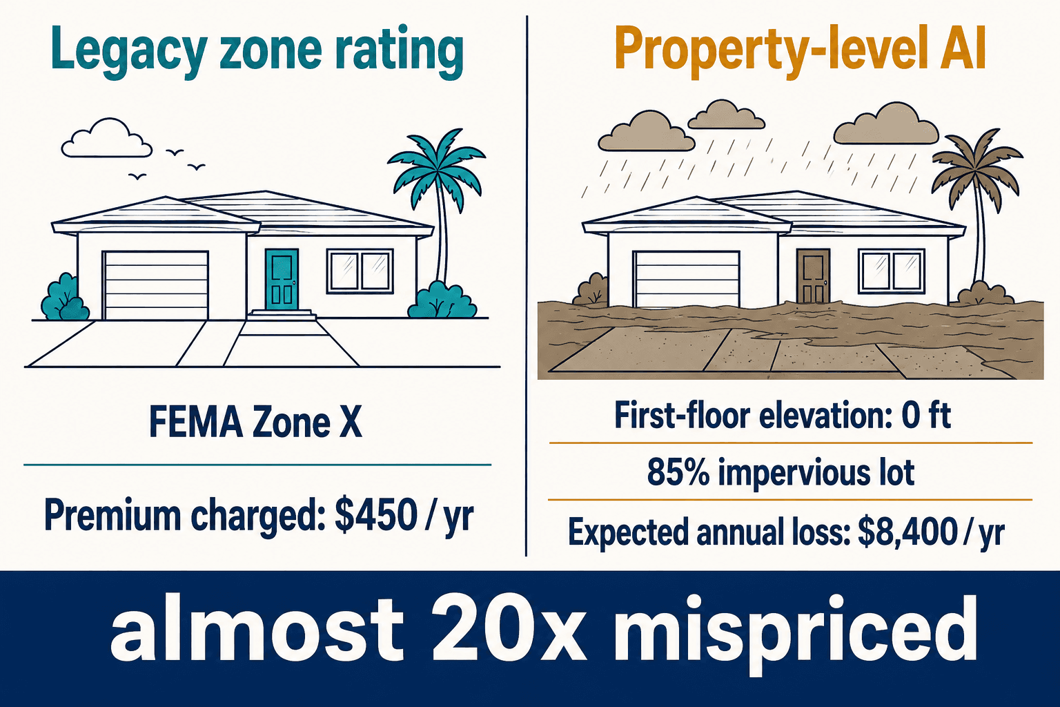 Side-by-side of the same house: legacy Zone X premium $450 vs property-level expected loss $8,400