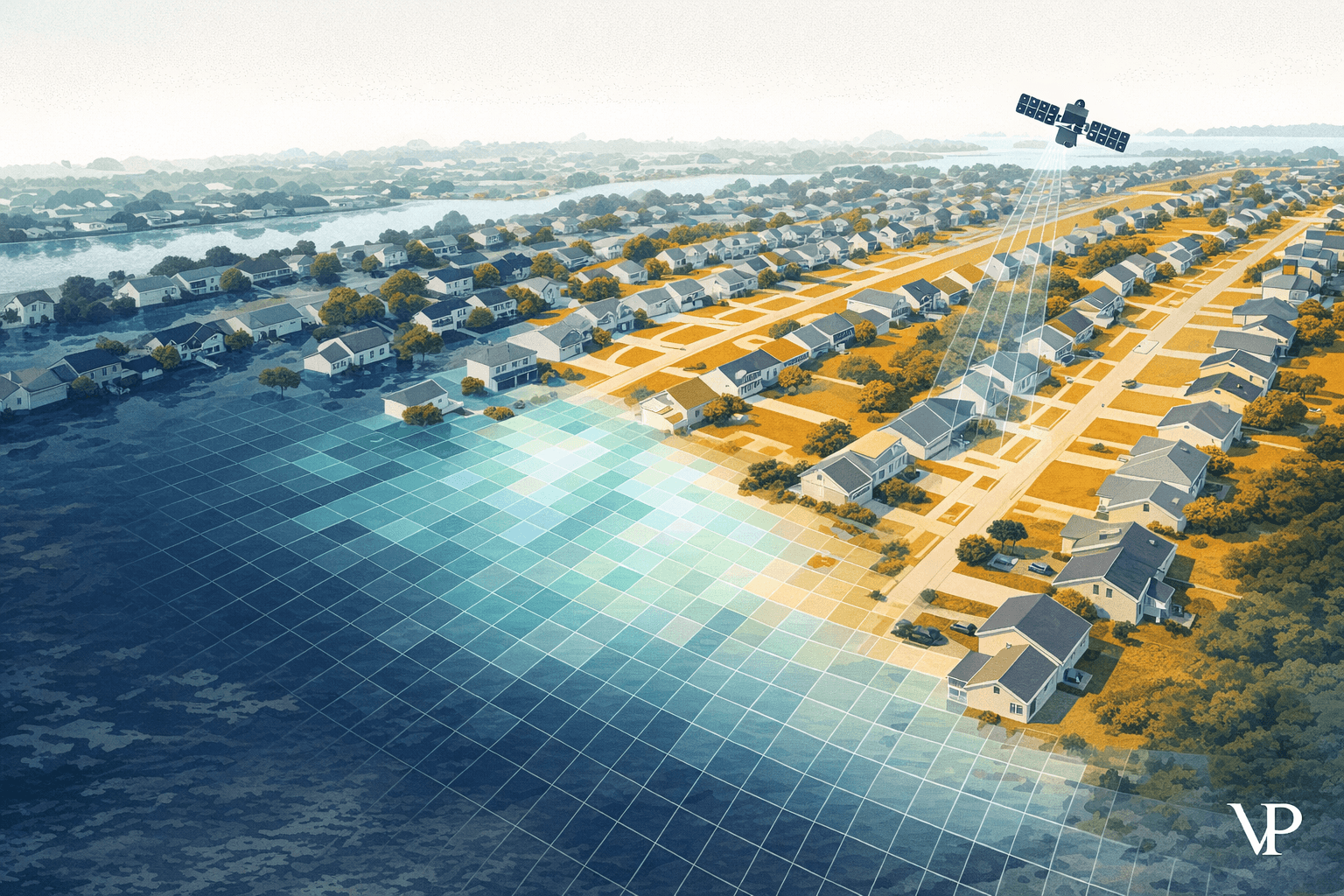 An aerial view of a coastal residential neighborhood partially inundated by floodwater, with a satellite overhead and data overlay grid suggesting pixel-level analysis — specific to flood underwriting technology.