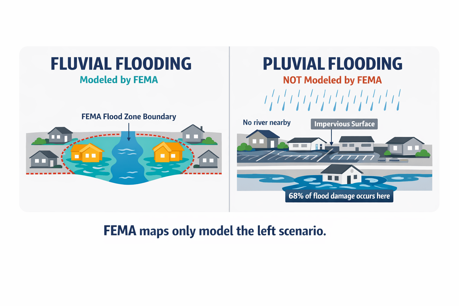 A side-by-side comparison diagram showing fluvial flooding (river overflow, modeled by FEMA) versus pluvial flooding (rainfall on impervious surfaces, NOT modeled by FEMA), explaining why most flood damage occurs outside designated zones.