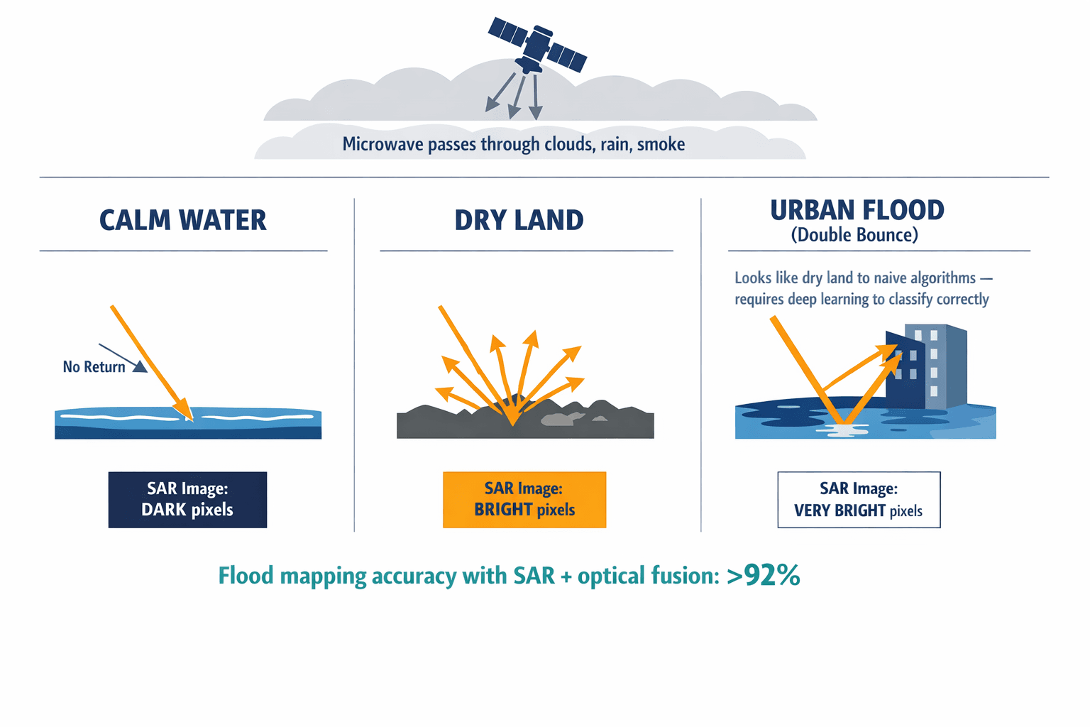 A diagram explaining how Synthetic Aperture Radar detects flooding through clouds, showing the three key radar behaviors: signal absorbed by calm water (dark pixels), scattered by dry land (bright pixels), and double-bounce in urban areas.
