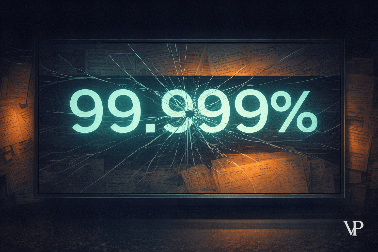 A striking editorial image evoking the tension between a too-perfect AI accuracy number and the messy reality of clinical healthcare — specific to the article's domain of healthcare AI accountability.