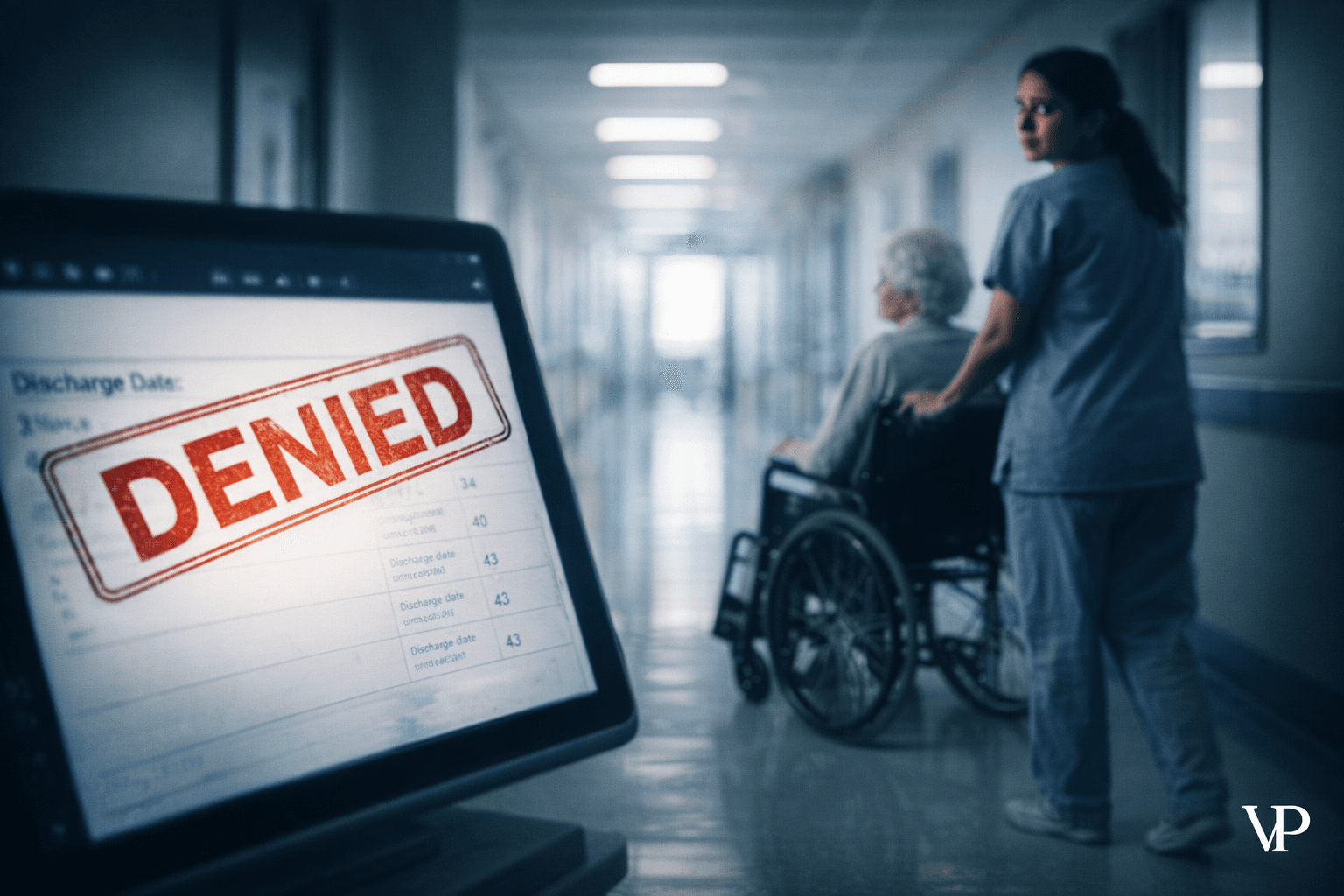 A stark editorial image specific to algorithmic healthcare denial — conveying the tension between automated systems and patient care.