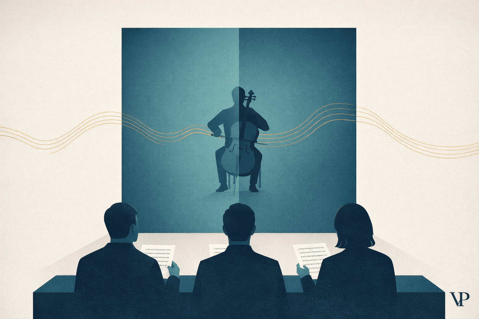 A conceptual editorial image showing an orchestra audition screen as a metaphor for blind, fair evaluation — the article's central analogy.
