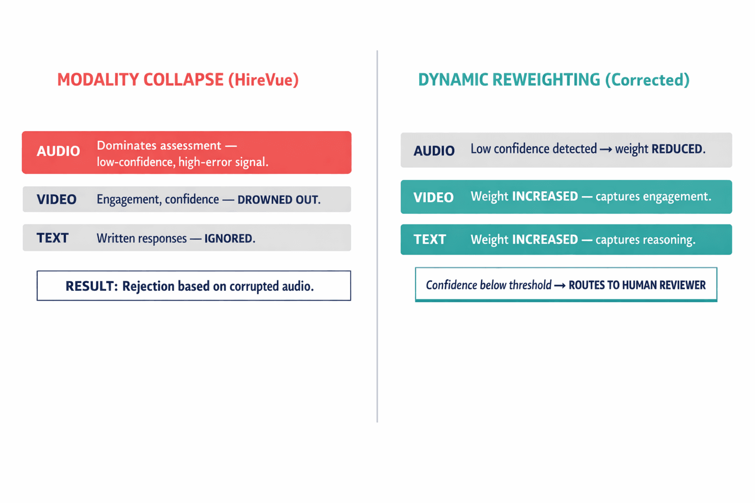 A side-by-side comparison showing modality collapse (left panel — audio dominates and drowns out other signals) versus dynamic modality reweighting (right panel — degraded audio is reduced and other channels compensate).