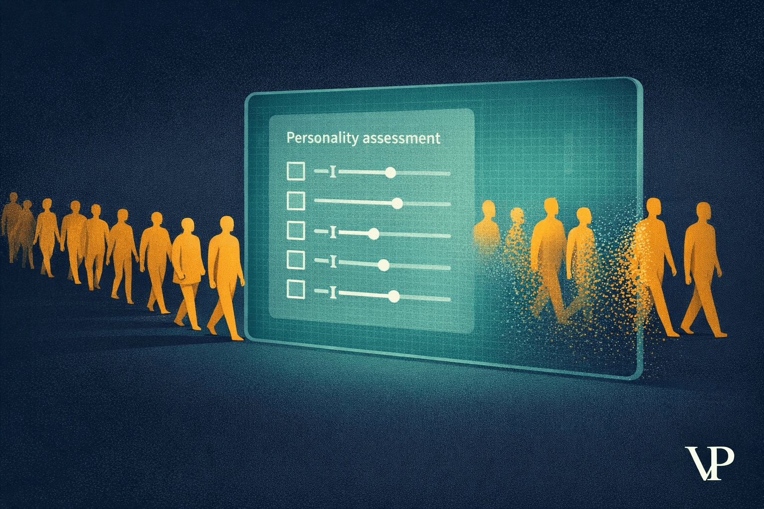An editorial image conveying the specific concept of AI personality screening as a hidden filter against neurodivergent job candidates.