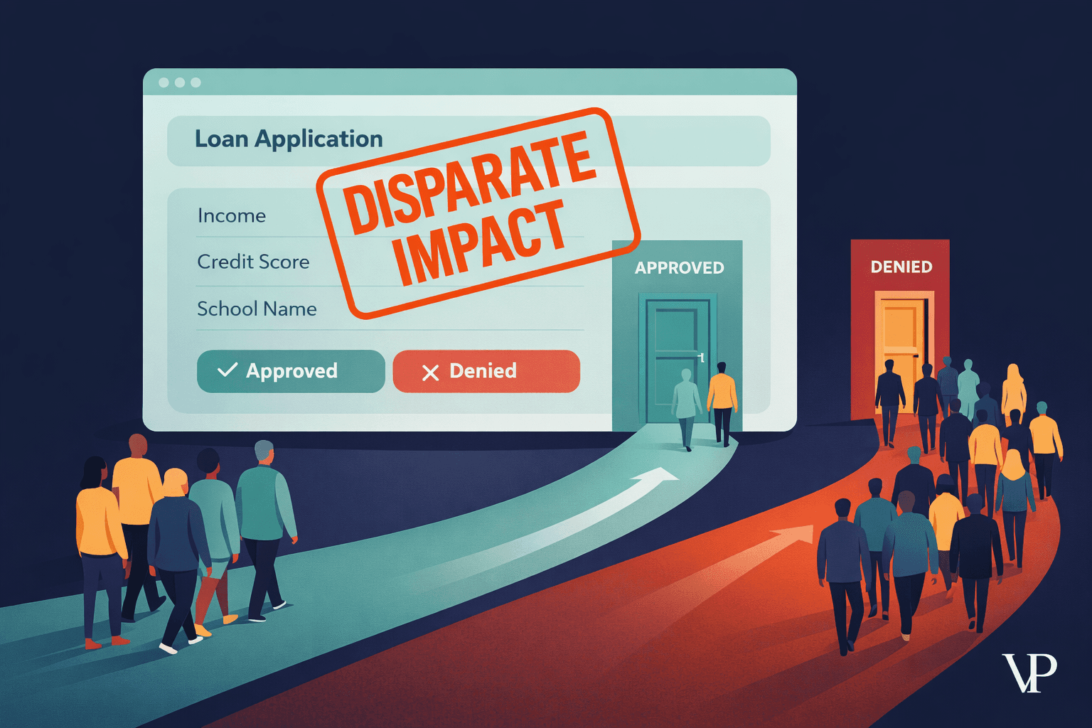 An editorial image conveying the tension between algorithmic lending systems and regulatory accountability, specific to the article's domain of AI fairness in consumer finance.