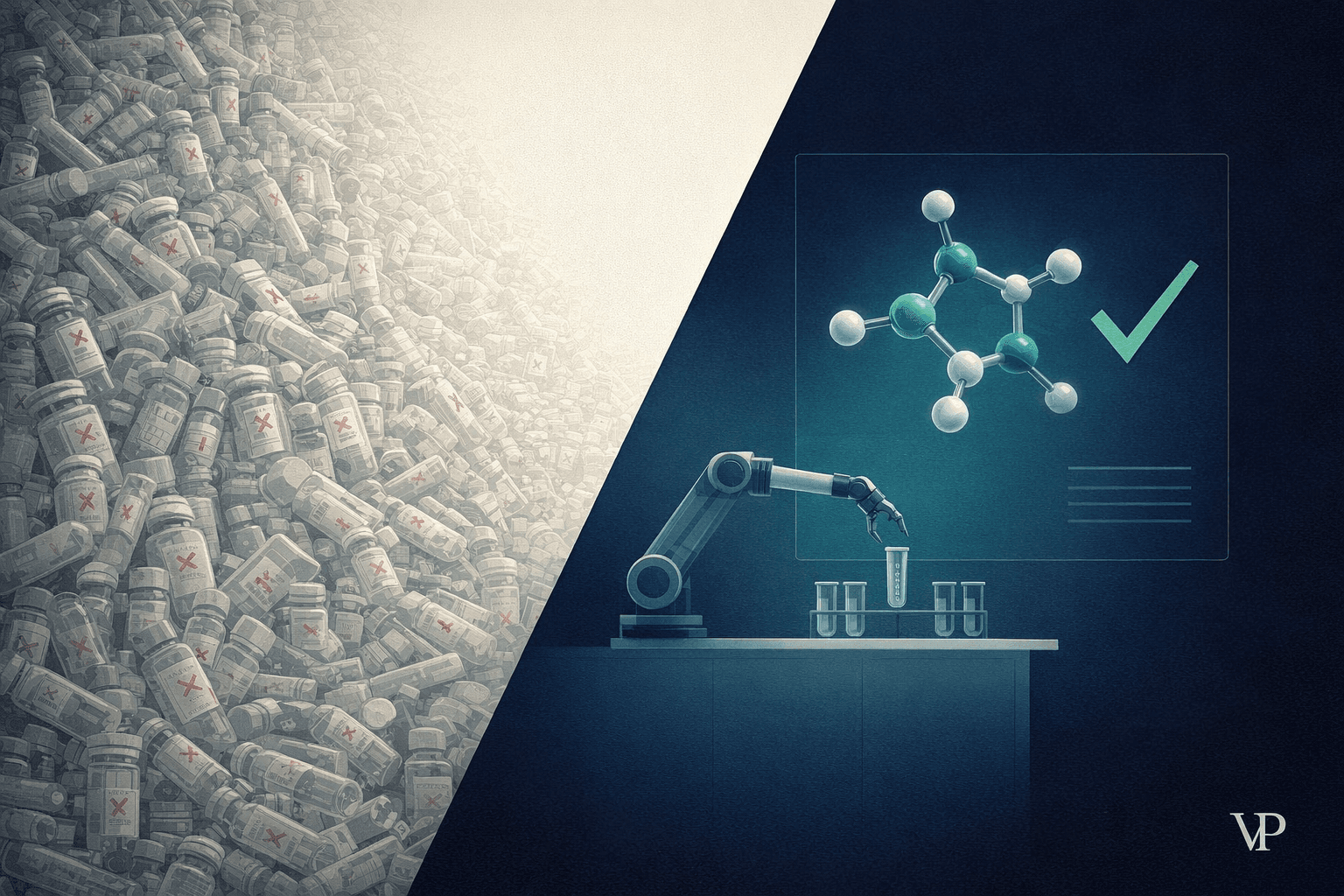 An editorial image conveying the shift from massive physical trial-and-error experimentation to computationally-guided precision discovery in chemistry.