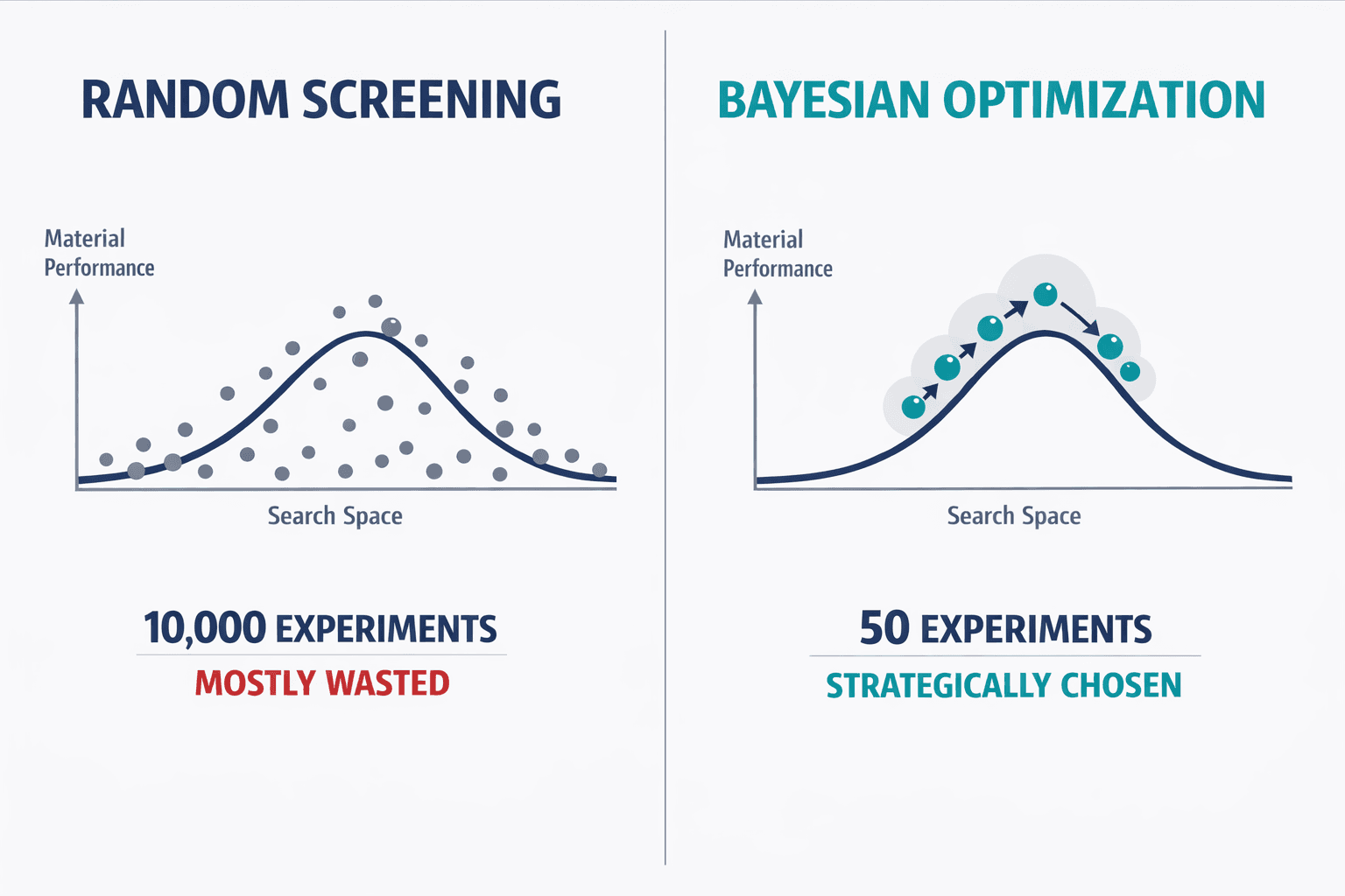 A side-by-side comparison showing random screening (scattered dots across a search space with mostly misses) versus Bayesian Optimization (strategic sampling guided by uncertainty, converging on the optimal region).