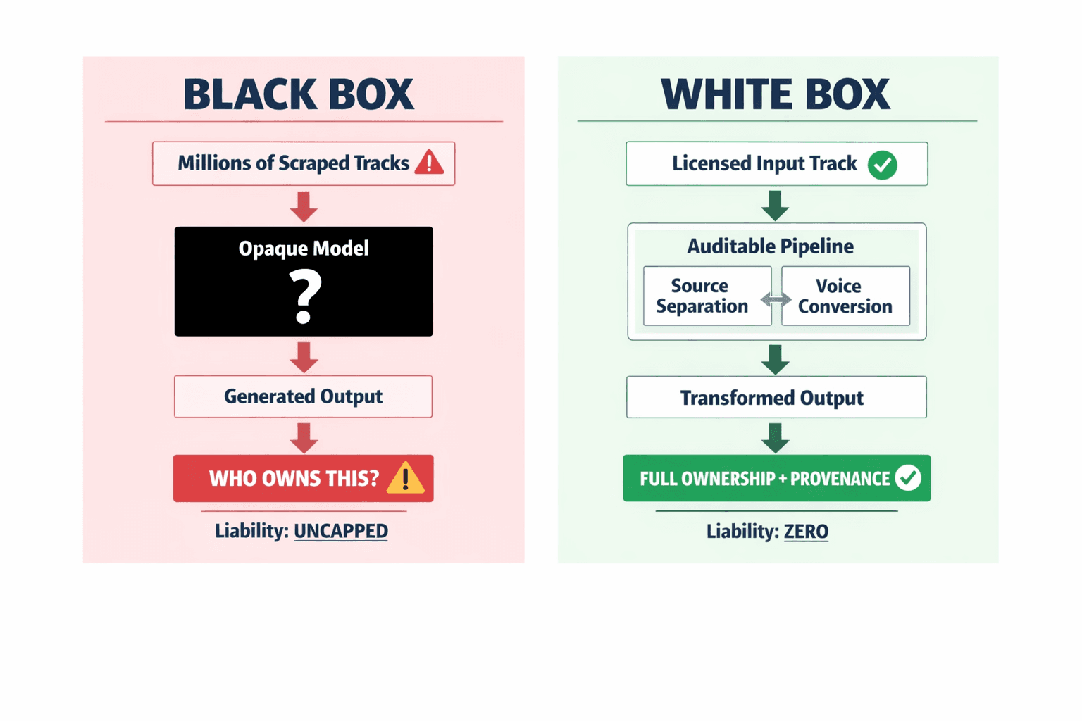 Side-by-side comparison diagram contrasting how Black Box AI music generators work (scraped data → opaque model → unverifiable output → liability) versus the White Box/Source-Separated approach (licensed input → auditable pipeline → provenance-stamped output → ownership).