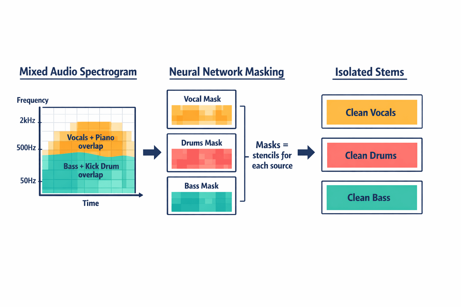Annotated diagram showing how a mixed audio spectrogram is processed through neural network masking to produce isolated stems — illustrating the frequency-overlap problem and the masking solution.