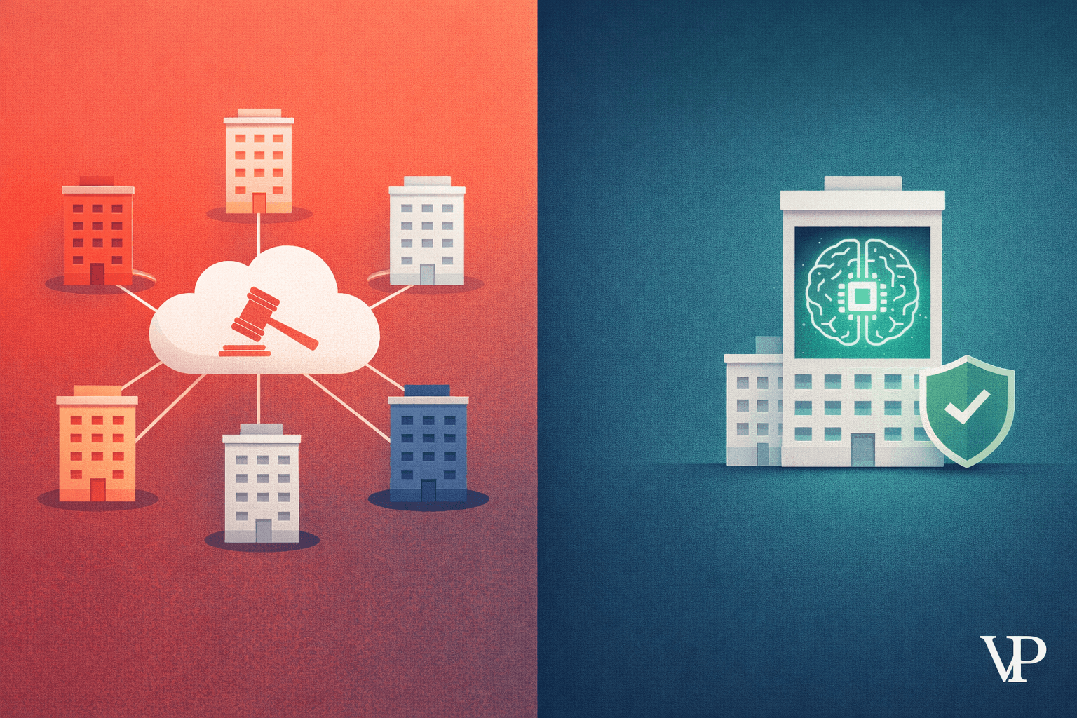 A visual metaphor showing the contrast between shared cloud AI (a hub connecting multiple competing buildings) and sovereign AI (a single building with its own contained brain), specific to the algorithmic pricing/antitrust domain.
