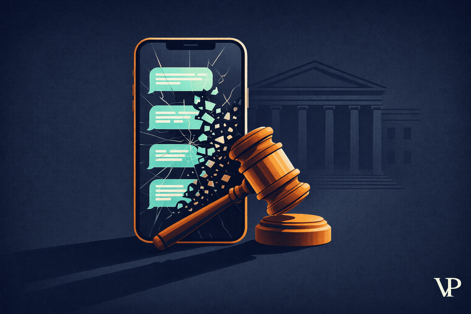 An editorial image conveying the collision between AI chatbot technology and legal/human accountability, specific to the article's domain of AI product liability after the Character.AI case.