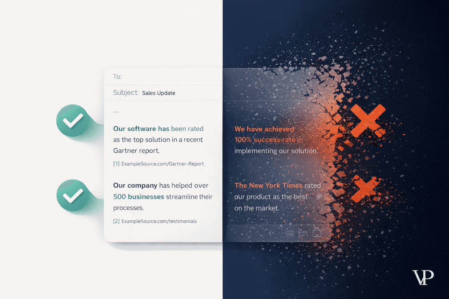 A visual metaphor contrasting AI-generated fluency with factual accuracy — a polished email being examined under a verification lens, specific to B2B sales context.