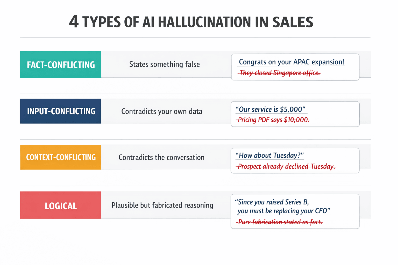 A taxonomy diagram showing the four distinct types of AI hallucination in sales emails, each with a concrete example, so readers can quickly distinguish and remember them.
