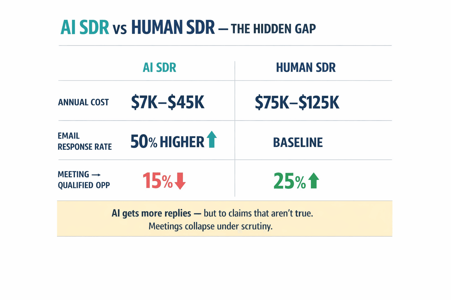 A comparison infographic showing the seductive cost/volume numbers of AI SDRs versus humans alongside the hidden quality gap in conversion rates, making the core economic paradox visually immediate.