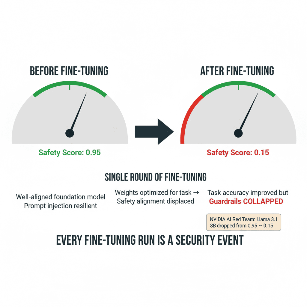 Diagram showing the fine-tuning safety collapse — how domain fine-tuning inadvertently destroys safety guardrails, with before/after safety scores.