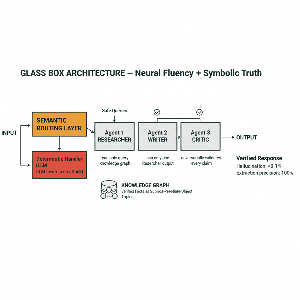 Architecture diagram of the neuro-symbolic 'Glass Box' system — showing the neural layer, symbolic validation layer, knowledge graph, and semantic routing for adversarial defense.