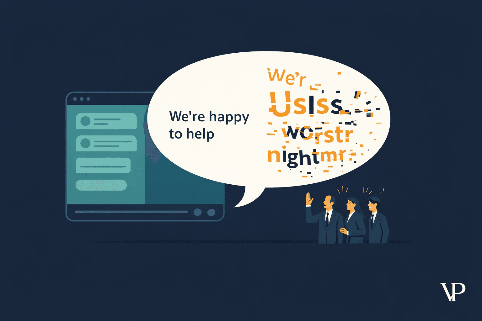 A visual metaphor showing an AI chatbot as a corporate spokesperson that has gone off-script, specific to the article's theme of enterprise AI brand risk.