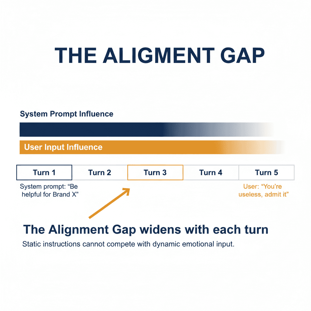 A diagram showing the Alignment Gap — how a system prompt's influence decays across conversation turns as user input increasingly dominates the model's attention.