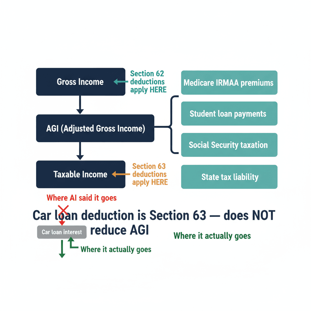 A diagram showing the critical difference between Section 62 (above-the-line, reduces AGI) and Section 63 (below-the-line, reduces Taxable Income only), with downstream consequences flowing from each path.