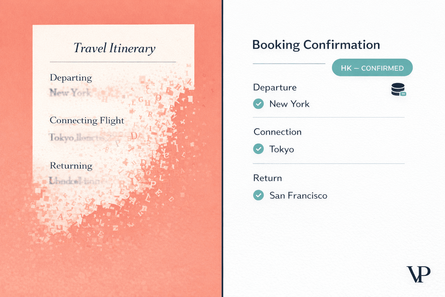 A visual metaphor contrasting a beautifully written but fictional travel itinerary against the real verified data systems that should ground it — specific to travel AI's hallucination problem.