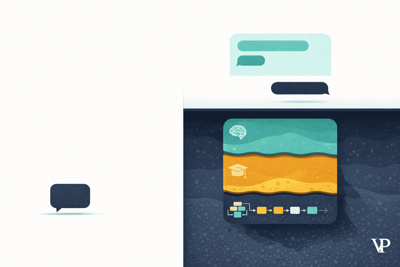 A visual metaphor contrasting a shallow chatbot layer with a deep cognitive architecture underneath, specific to AI tutoring.