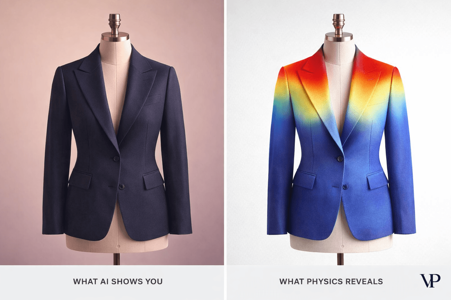 A fashion garment shown simultaneously as a beautiful photo and as a physics stress-map visualization, representing the article's core tension between visual illusion and physical truth.