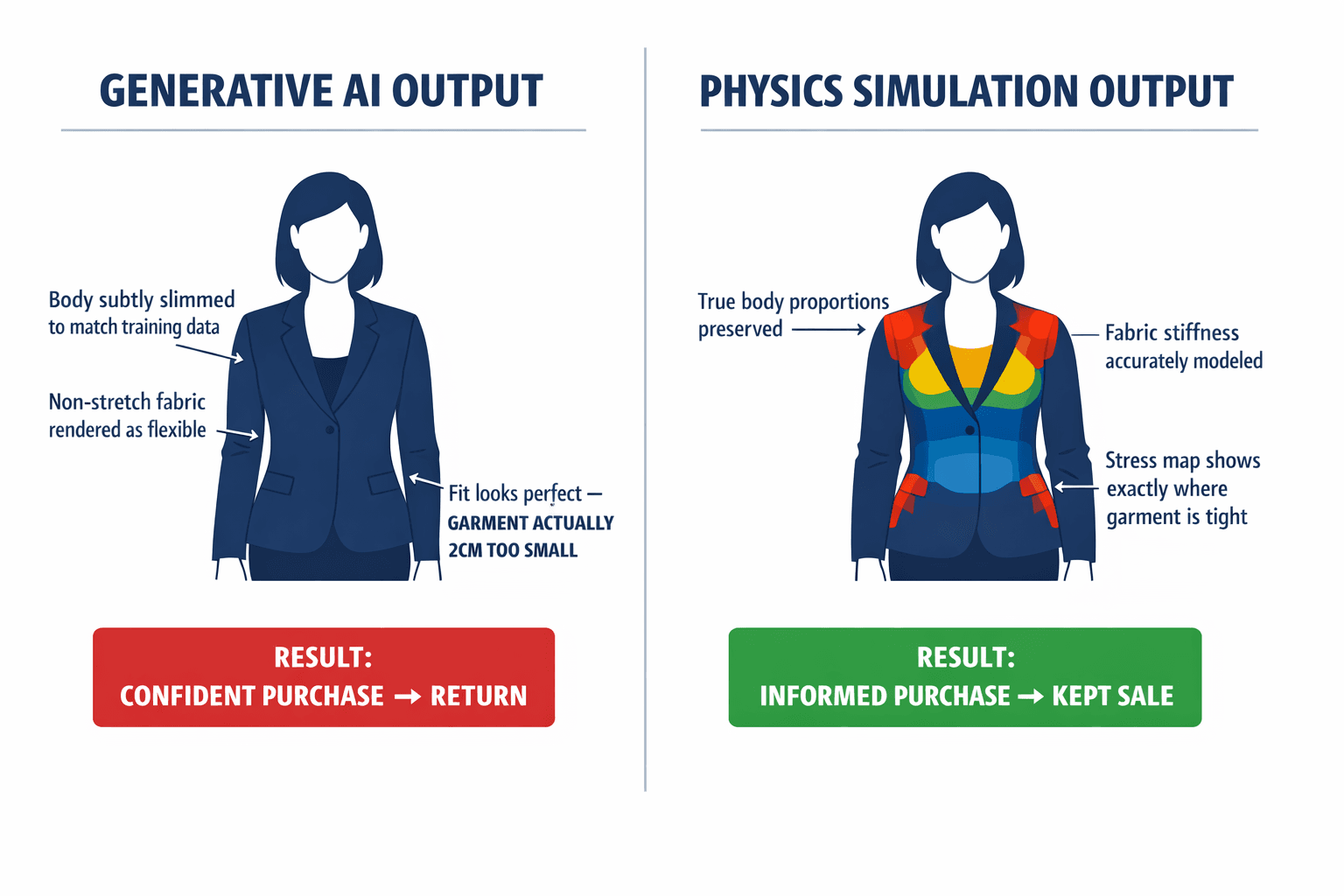A side-by-side comparison showing how a generative AI model and a physics-based model produce fundamentally different outputs for the same too-tight garment on the same body.