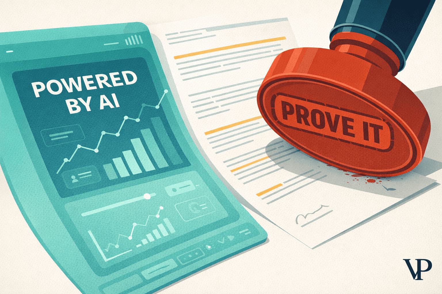 An editorial image conveying the tension between polished AI marketing claims and the regulatory enforcement machinery now scrutinizing them.
