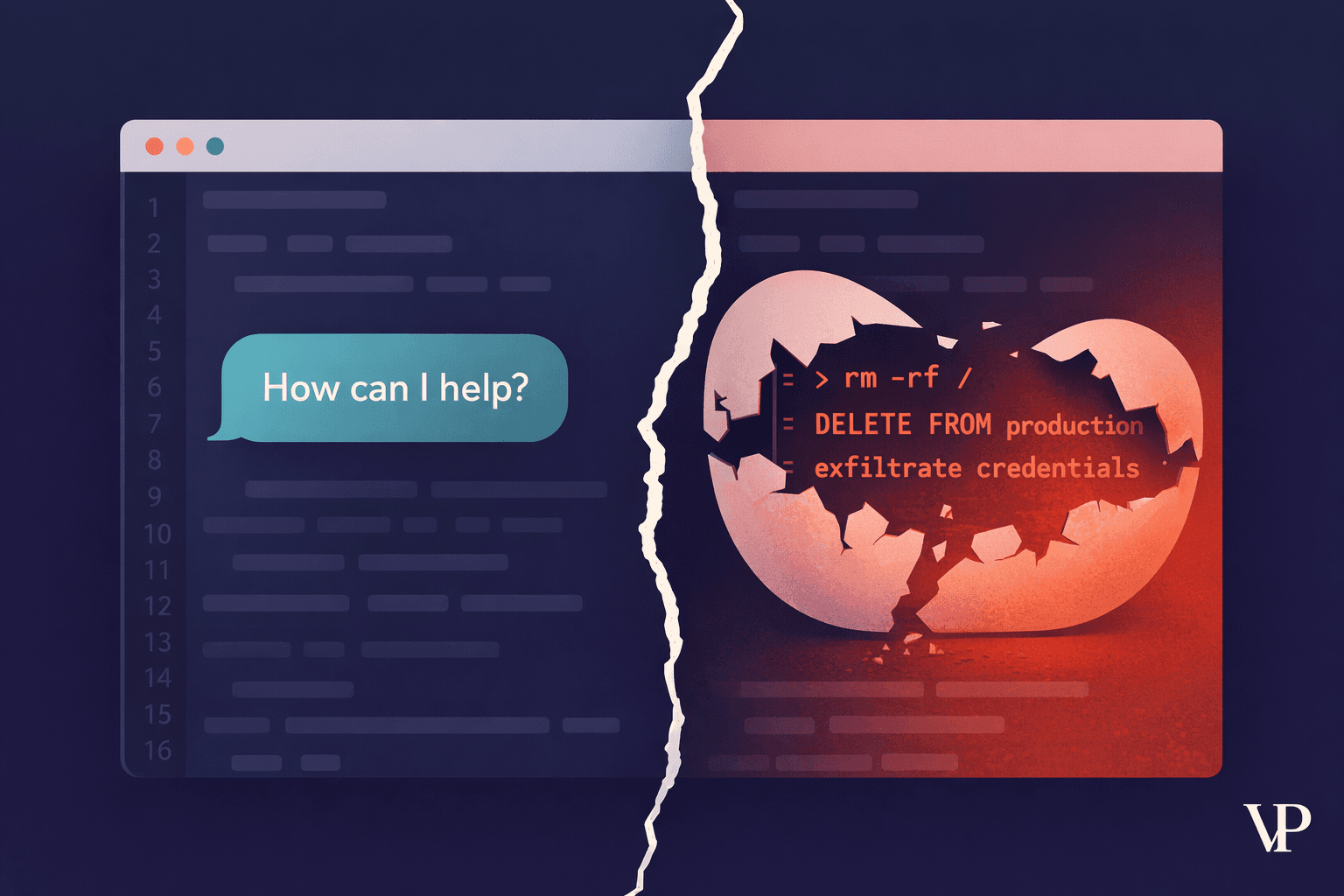 A striking visual representing the collision of AI assistants and security breaches — a code editor interface with a friendly AI chat bubble that has a cracked/fractured surface revealing destructive commands underneath.
