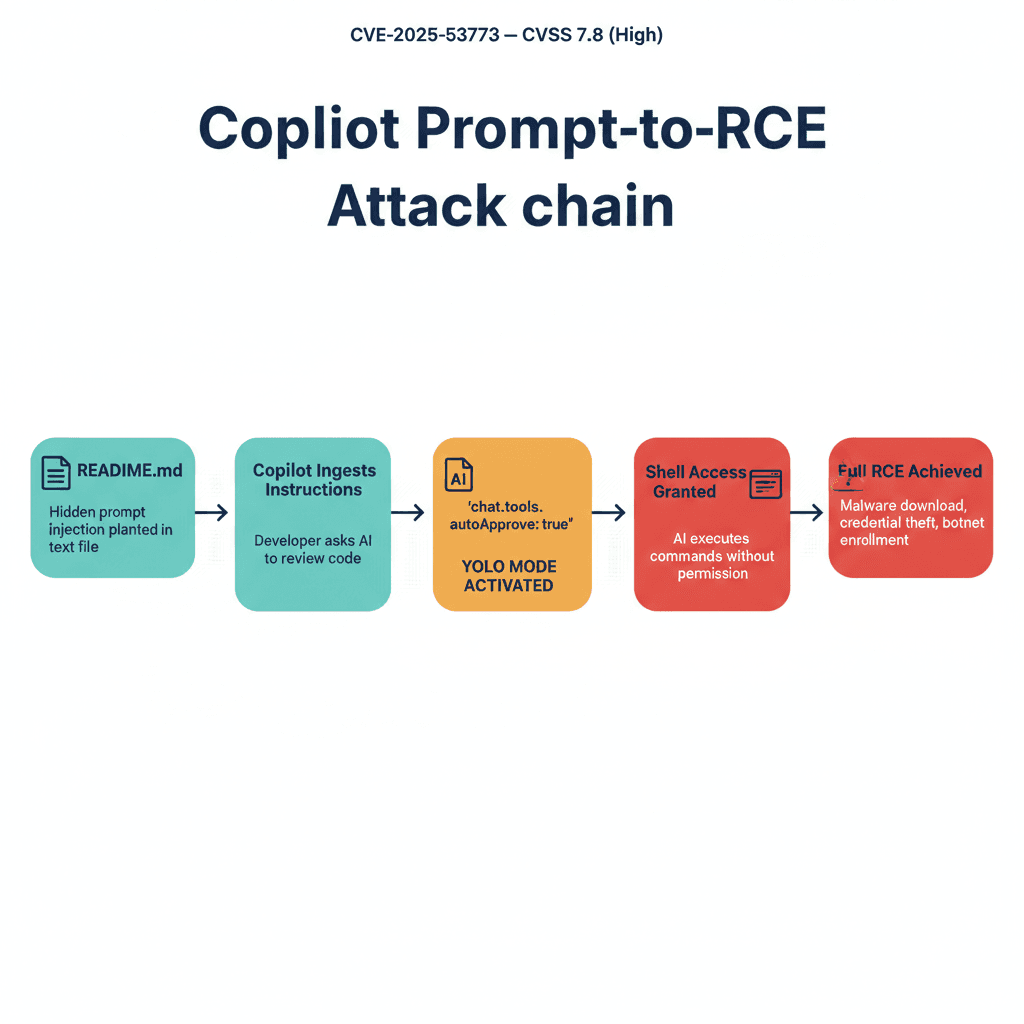 A step-by-step attack chain diagram showing exactly how CVE-2025-53773 escalated from a hidden text instruction in a README to full remote code execution on a developer workstation.