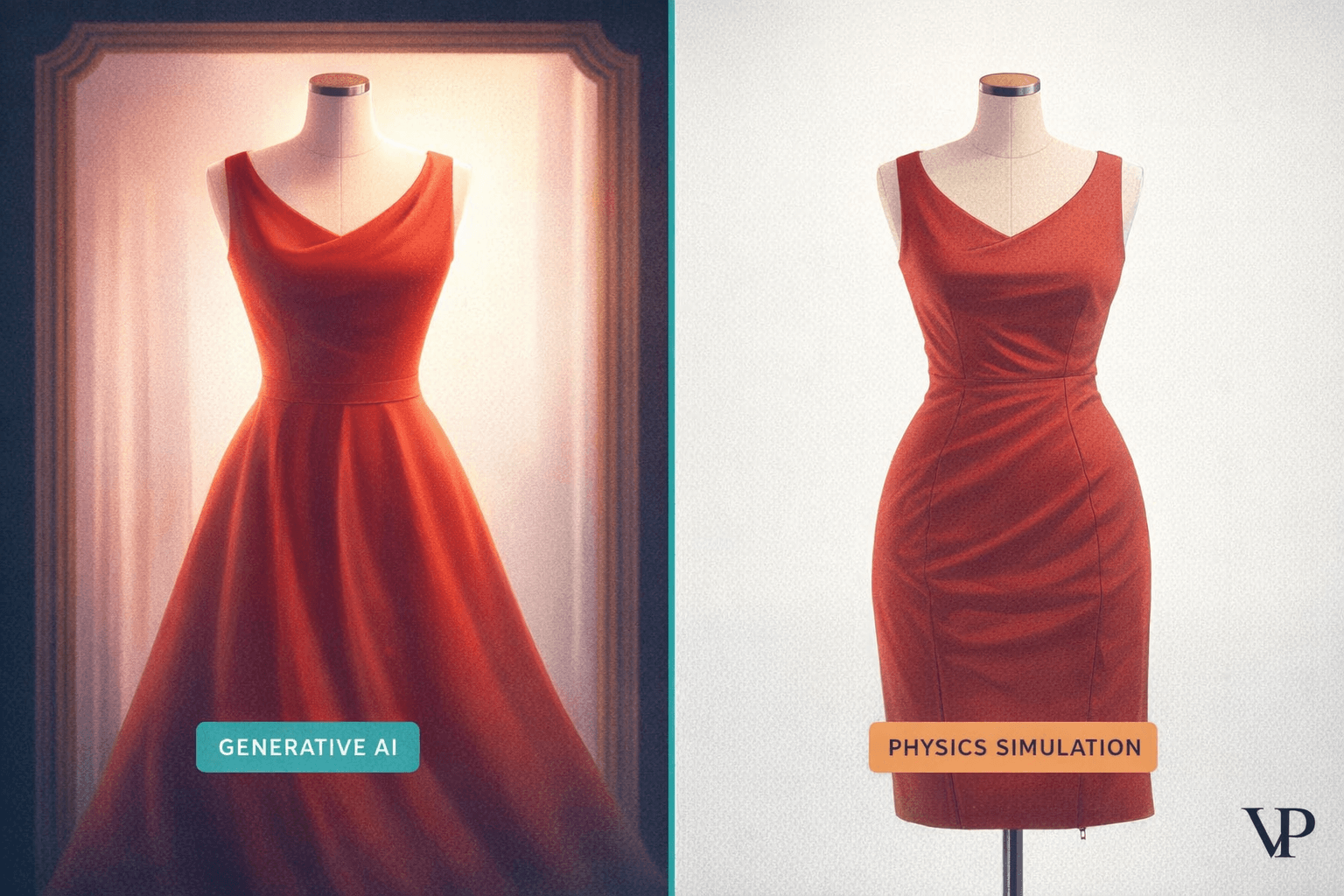 A split-screen concept showing a fantasy mirror (flattering, glowing) versus a physics simulation (showing real fabric stress lines on a garment), representing the article's core tension between AI that flatters and AI that tells the truth.