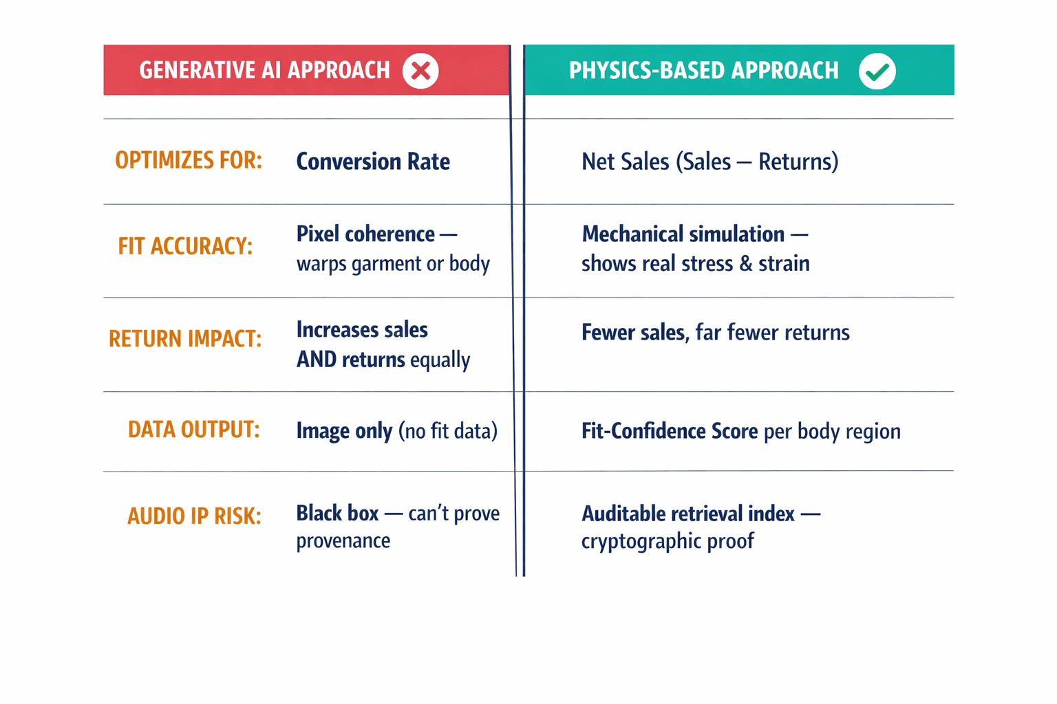 A side-by-side comparison showing the two approaches — Generative AI try-on vs. Physics-based try-on — contrasted across key business and technical dimensions including what they optimize for, fit accuracy, legal risk, return impact, and IP ownership.