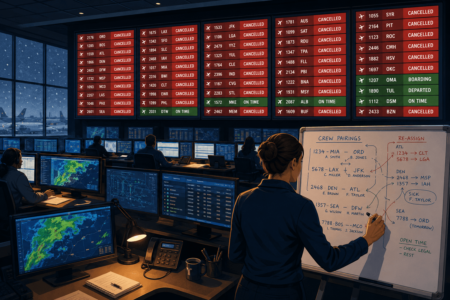 Airline ops control center as a storm cascade hits, screens turning red, a dispatcher at a whiteboard.